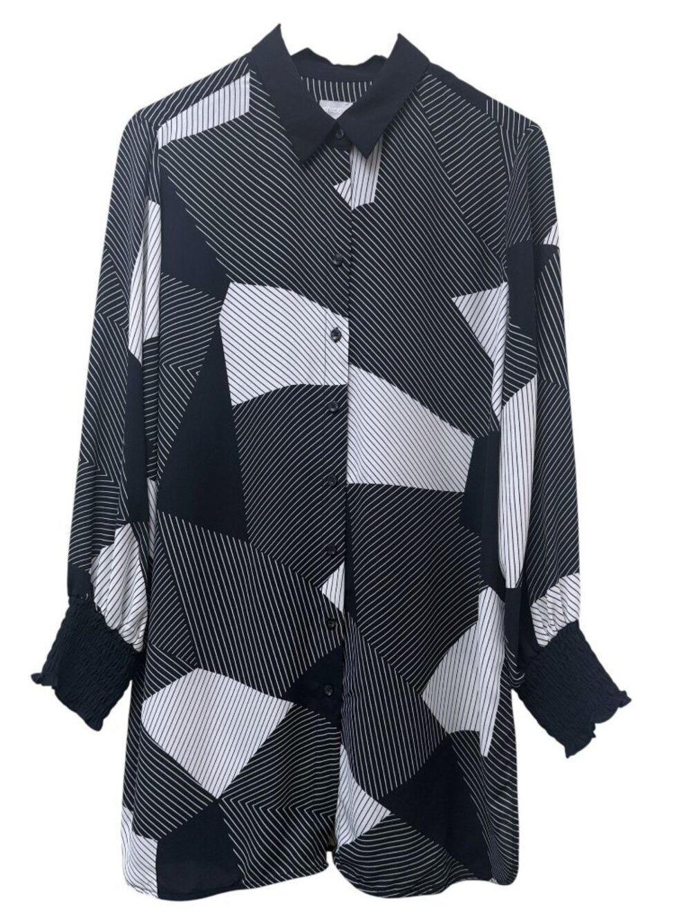 Chico's Tunic Blouse 12/14 Button Up Navy Blue White Print Long Sleeve Womens